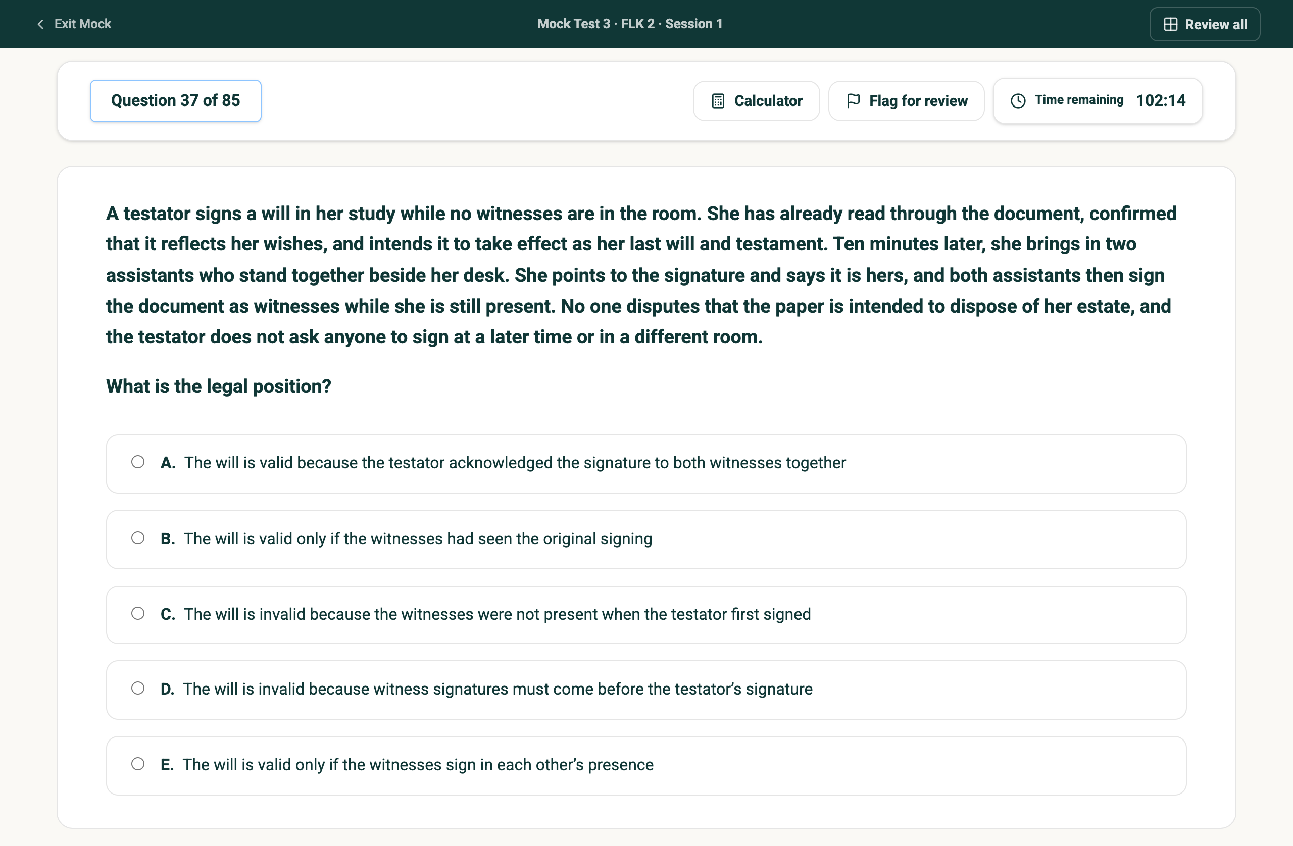 A Barex mock in progress: question 37 of 85, a wills scenario with five options, the timer at 102 minutes, a calculator and flag for review